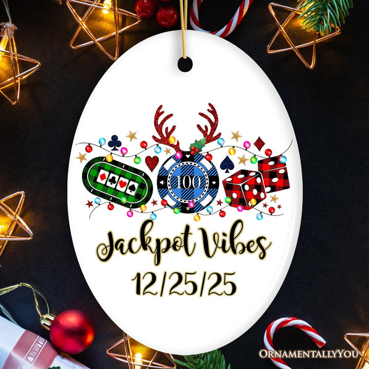 Personalized Casino Buffalo Plaid Christmas Ornament, Poker and Dice, Player and Staff Gift Ceramic Ornament OrnamentallyYou Oval