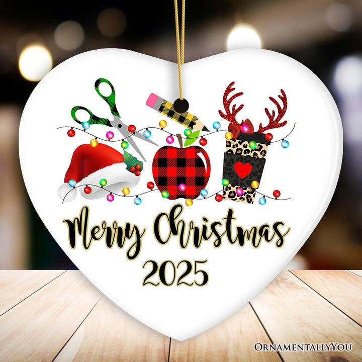 Personalized Plaid Teacher Merry Christmas Ornament, Holiday School Xmas Gift Ceramic Ornament OrnamentallyYou Heart