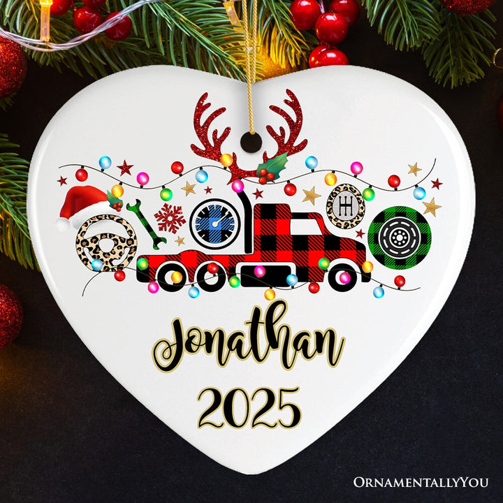 Personalized Truck Driver and Logistics Buffalo Plaid Christmas Ornament, Freight Delivery and Dispatcher Gift Ceramic Ornament OrnamentallyYou Heart