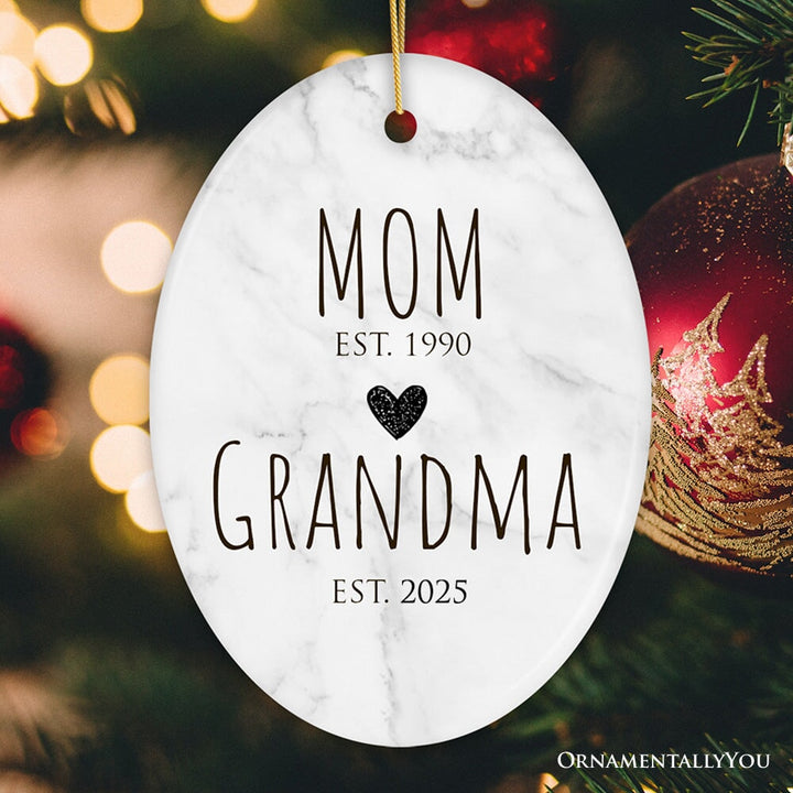 Mom to Grandma Ornament, Gift for First Time Grandmother Ceramic Ornament OrnamentallyYou Oval