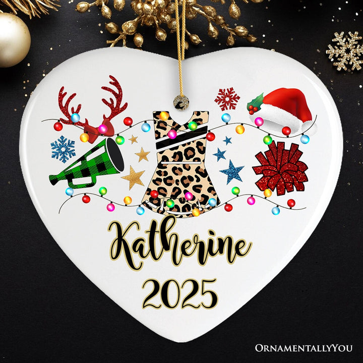 Personalized Cheerleader Buffalo Plaid Leopard Merry Christmas Ornament, Cheer Mom Gift Ceramic Ornament OrnamentallyYou Heart