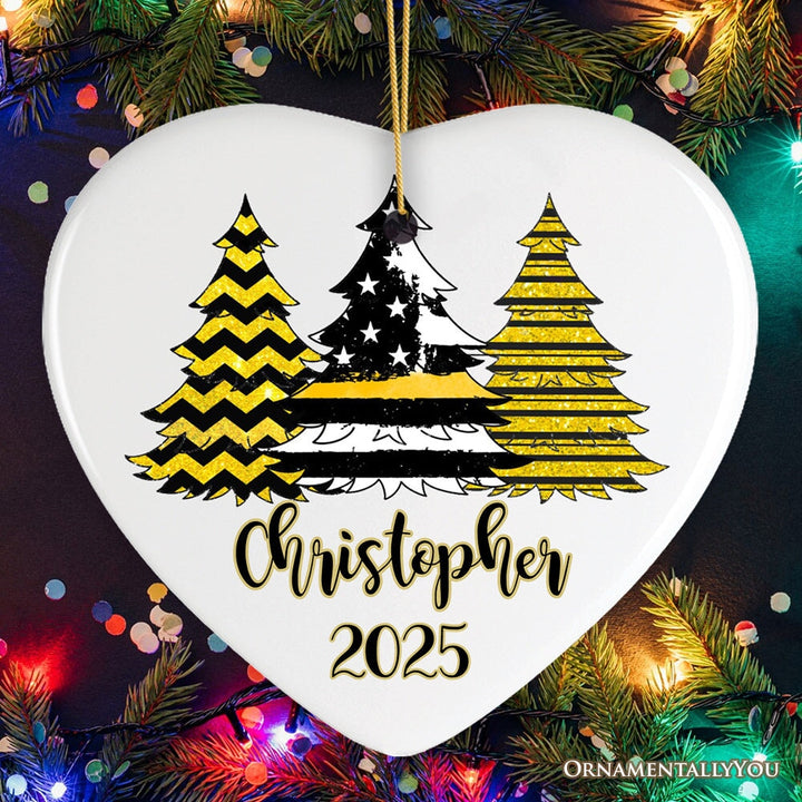 Dispatcher Flag Tree Personalized Ornament, Yellow Line 911 Appreciation Retirement Gift Ceramic Ornament OrnamentallyYou Heart