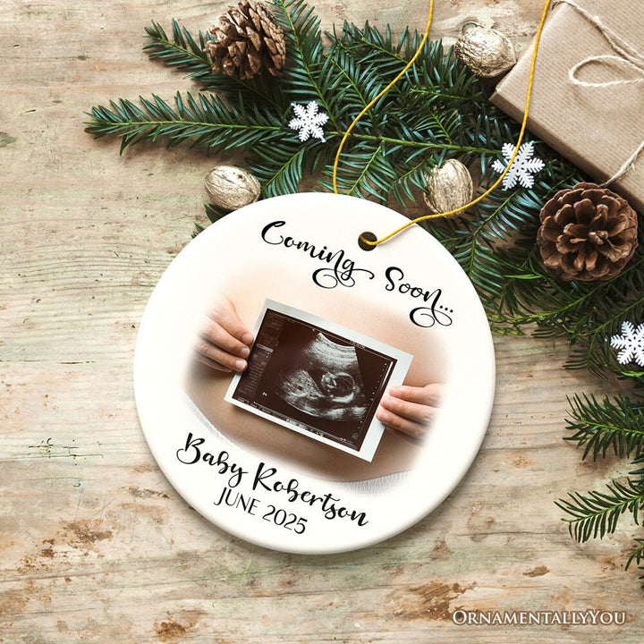 Baby Coming Soon Pregnant Mother Custom Photo Ornament, Personalized Pregnancy Announcement Sonogram Gift Ceramic Ornament OrnamentallyYou