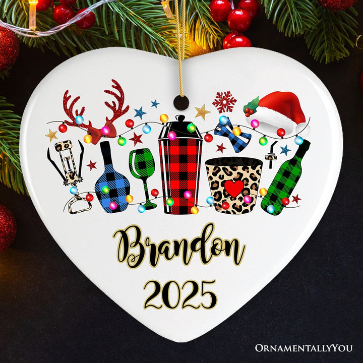 Personalized Bartender Buffalo Plaid Leopard Merry Christmas Ornament Gift Ceramic Ornament OrnamentallyYou Heart