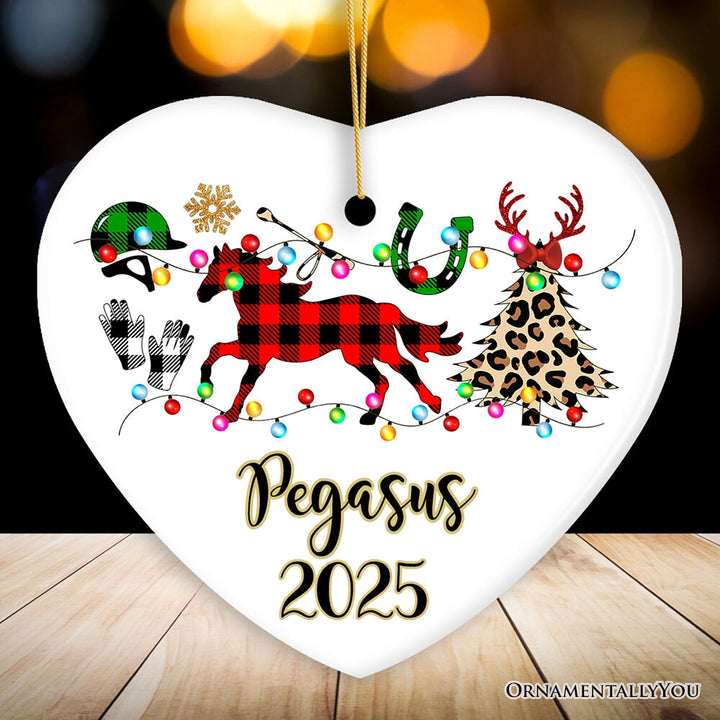 Personalized Horse Buffalo Plaid Leopard Merry Christmas Ornament, Equestrian Gift Ceramic Ornament OrnamentallyYou Heart