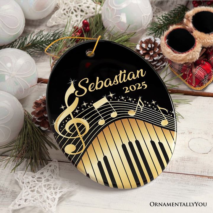 Elegant Gold Music Note Piano Keys Personalized Ornament, Customizable Music Teacher Student Keepsake Gift Ceramic Ornament OrnamentallyYou Oval