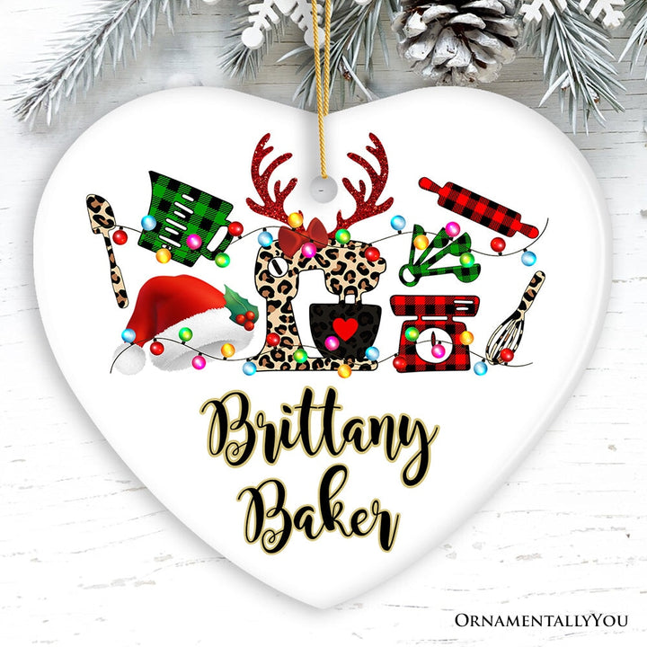 Personalized Baker Buffalo Plaid Leopard Merry Christmas Ornament, Baking Gift Ceramic Ornament OrnamentallyYou Heart