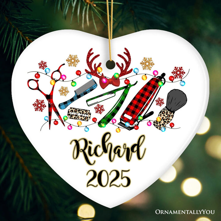 Personalized Barber Buffalo Plaid Leopard Merry Christmas Ornament, Barbershop Gift Ceramic Ornament OrnamentallyYou Heart