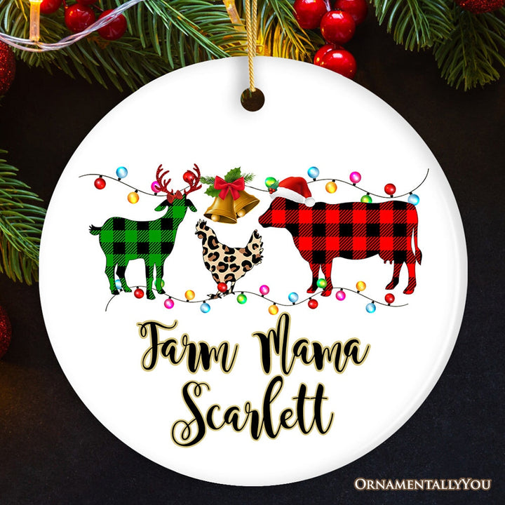 Personalized Farm Animal Buffalo Plaid Leopard Merry Christmas Ornament, Farmhouse Gift Ceramic Ornament OrnamentallyYou Circle