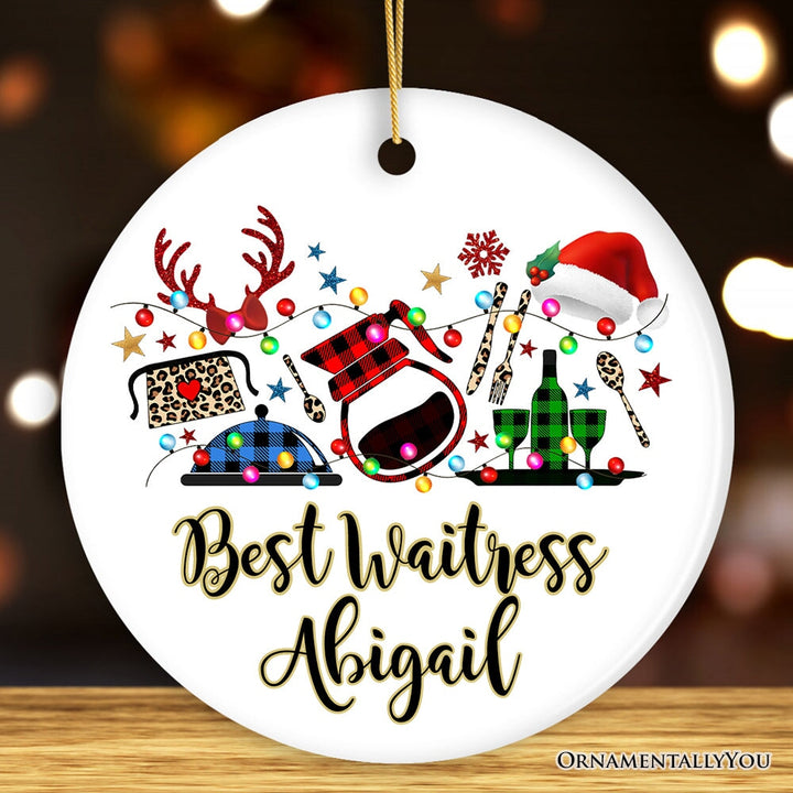 Personalized Waitress Buffalo Plaid Leopard Merry Christmas Ornament Gift Ceramic Ornament OrnamentallyYou Circle