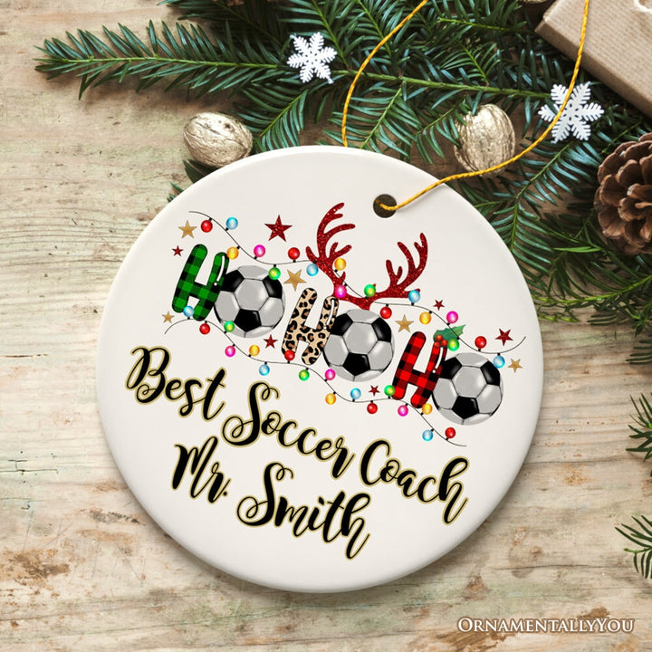 Personalized Soccer Buffalo Plaid and Leopard Christmas Ornament, Ho Ho Ho Football Gift Ceramic Ornament OrnamentallyYou Circle