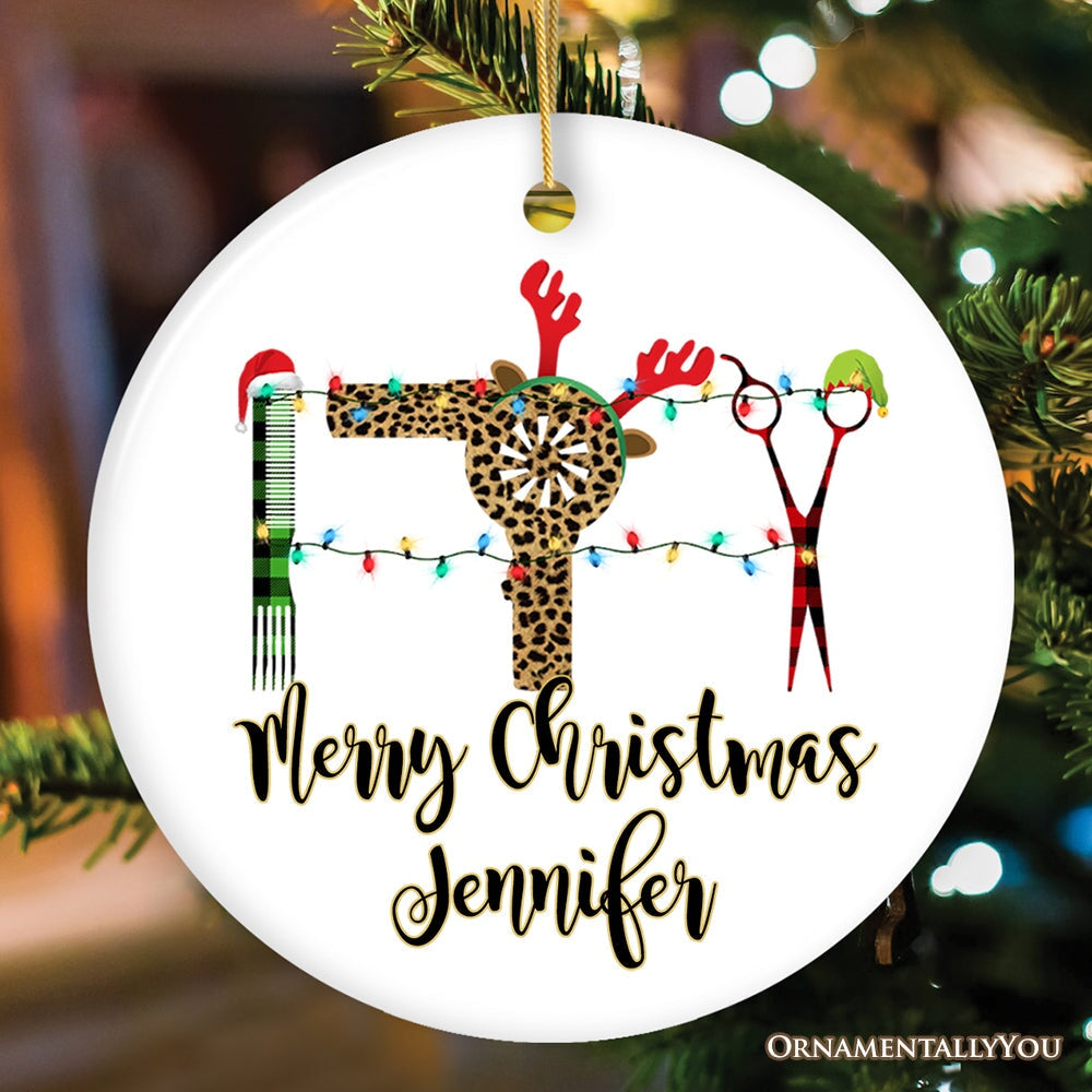 Personalized Hairdresser Buffalo Plaid Leopard Merry Christmas Ornament,  Stylist Gift