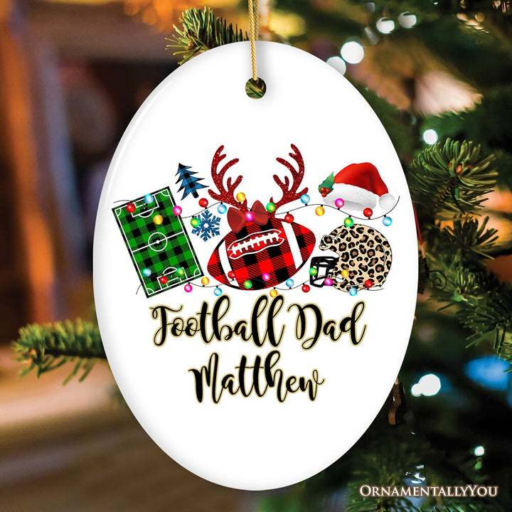 Personalized Football Buffalo Plaid Leopard Merry Christmas Ornament, Team and Coaches Gift Ceramic Ornament OrnamentallyYou Oval