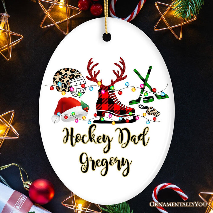 Personalized Hockey Buffalo Plaid Leopard Merry Christmas Ornament, Team and Coaches Gift Ceramic Ornament OrnamentallyYou Oval