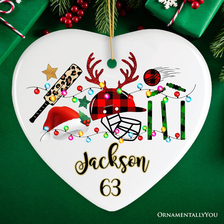 Personalized Cricket Buffalo Plaid Leopard Merry Christmas Ornament, Team and Coaches Gift Ceramic Ornament OrnamentallyYou Heart