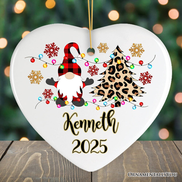Personalized Gnome Plaid Leopard Merry Christmas Ornament Gift Ceramic Ornament OrnamentallyYou Heart