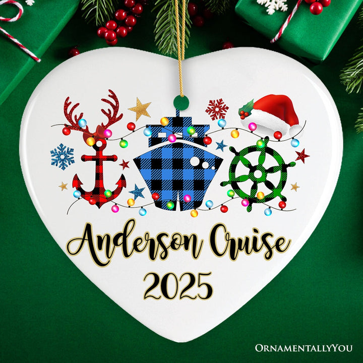 Personalized Cruise Vacation Buffalo Plaid Leopard Merry Christmas Ornament Gift Ceramic Ornament OrnamentallyYou Heart