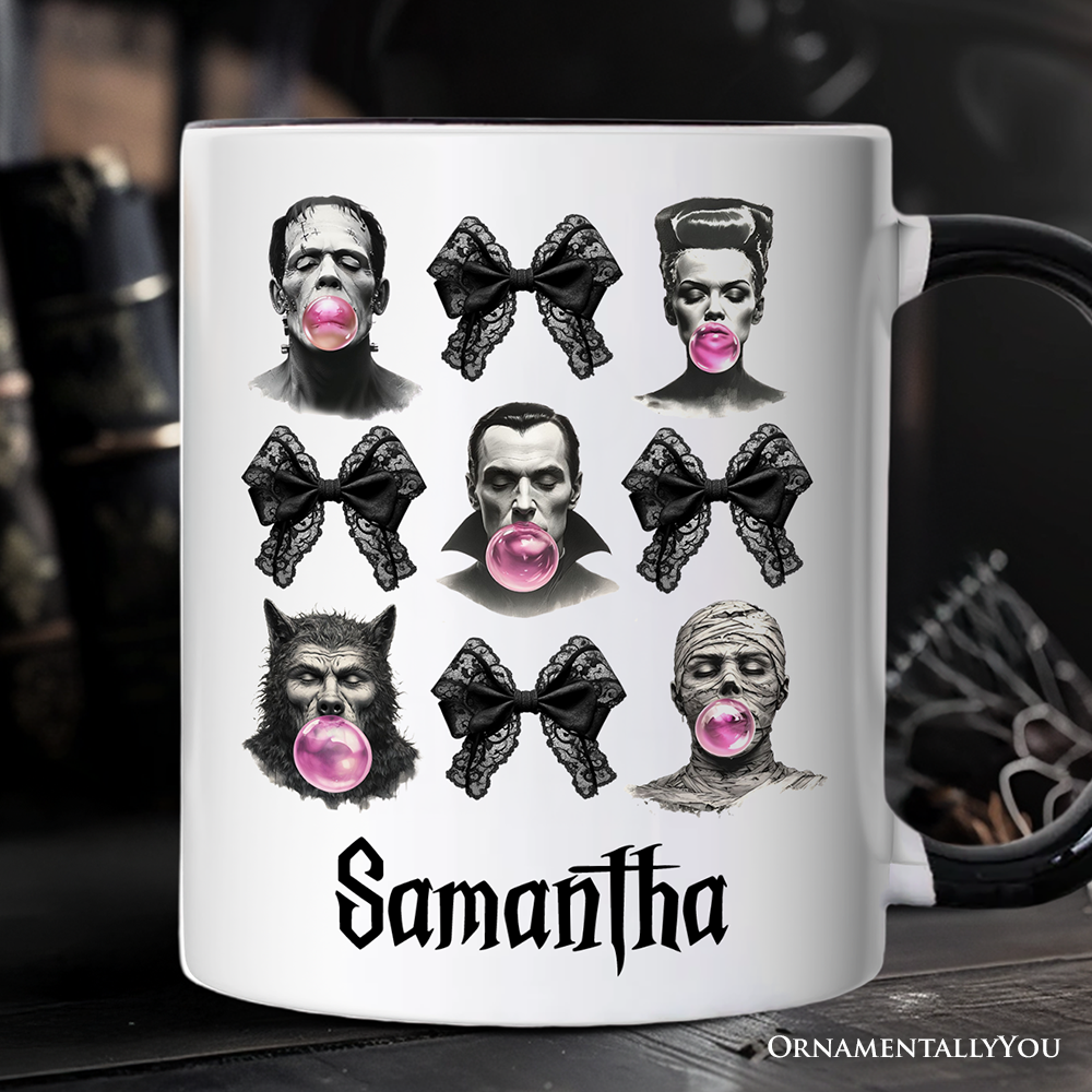 Bubblegum Classic Monster Personalized Mug, Funny Coquette Bow Gift with Retro Style and Custom Name