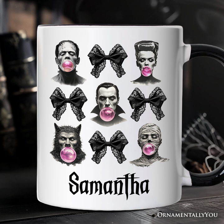Bubblegum Classic Monster Personalized Mug, Funny Coquette Bow Gift with Retro Style and Custom Name