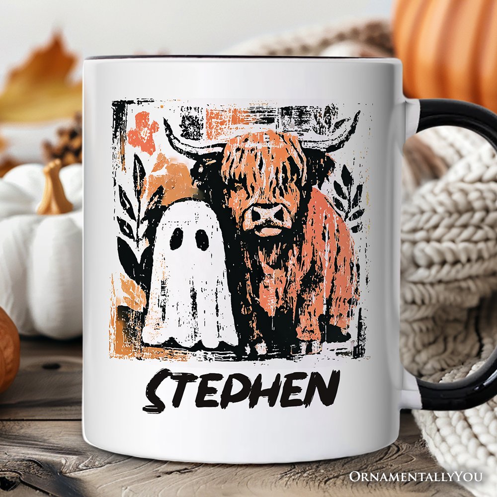 Highland Cow Ghost Fall Personalized Mug, Spooky Season Halloween Gift with Custom Name Personalized Ceramic Mug OrnamentallyYou White - Black Customized