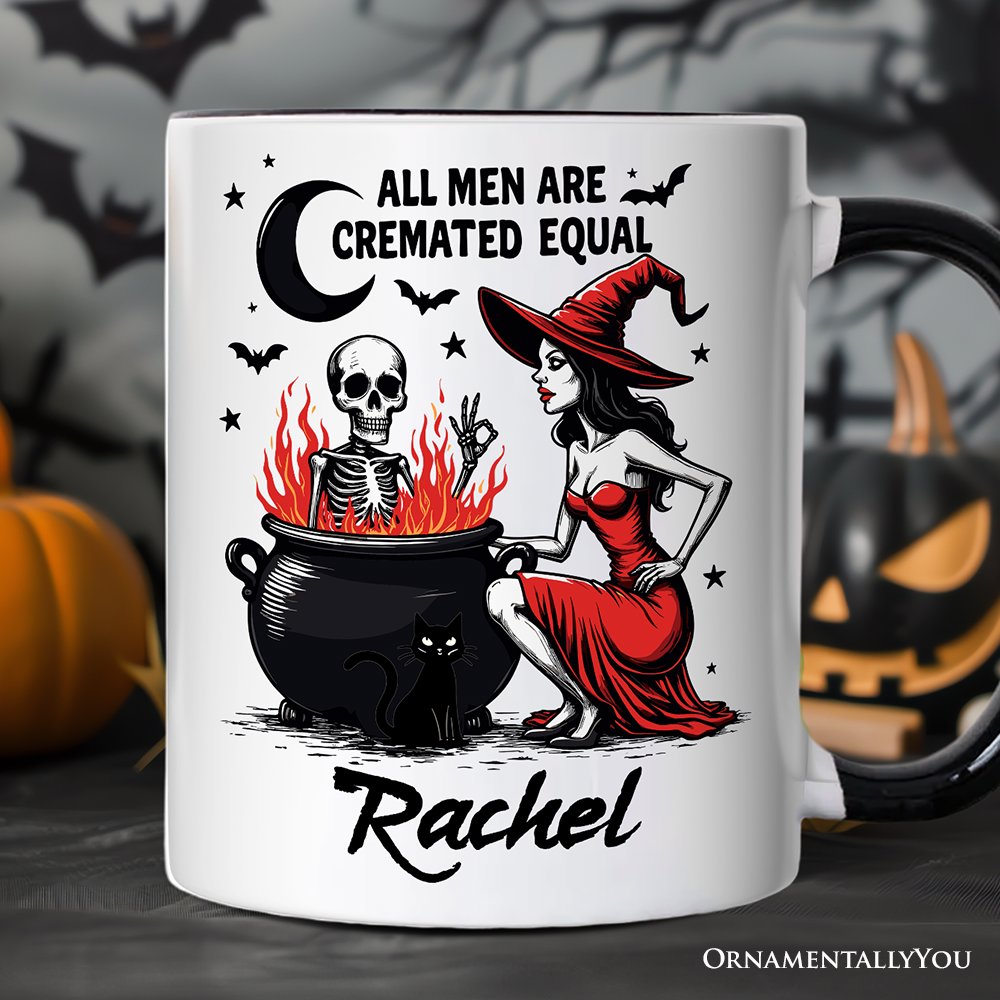 All Men Are Cremated Equal Halloween Personalized Mug, Funny Witch Cauldron Gift with Custom Nam Personalized Ceramic Mug OrnamentallyYou White - Black Customized