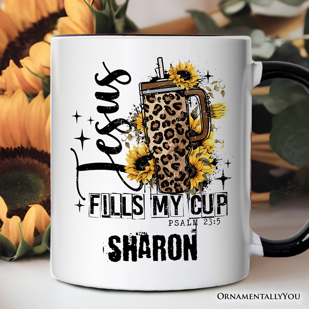 Jesus Fills My Cup Christian Personalized Mug, Leopard Print Coffee Gift with Custom Name