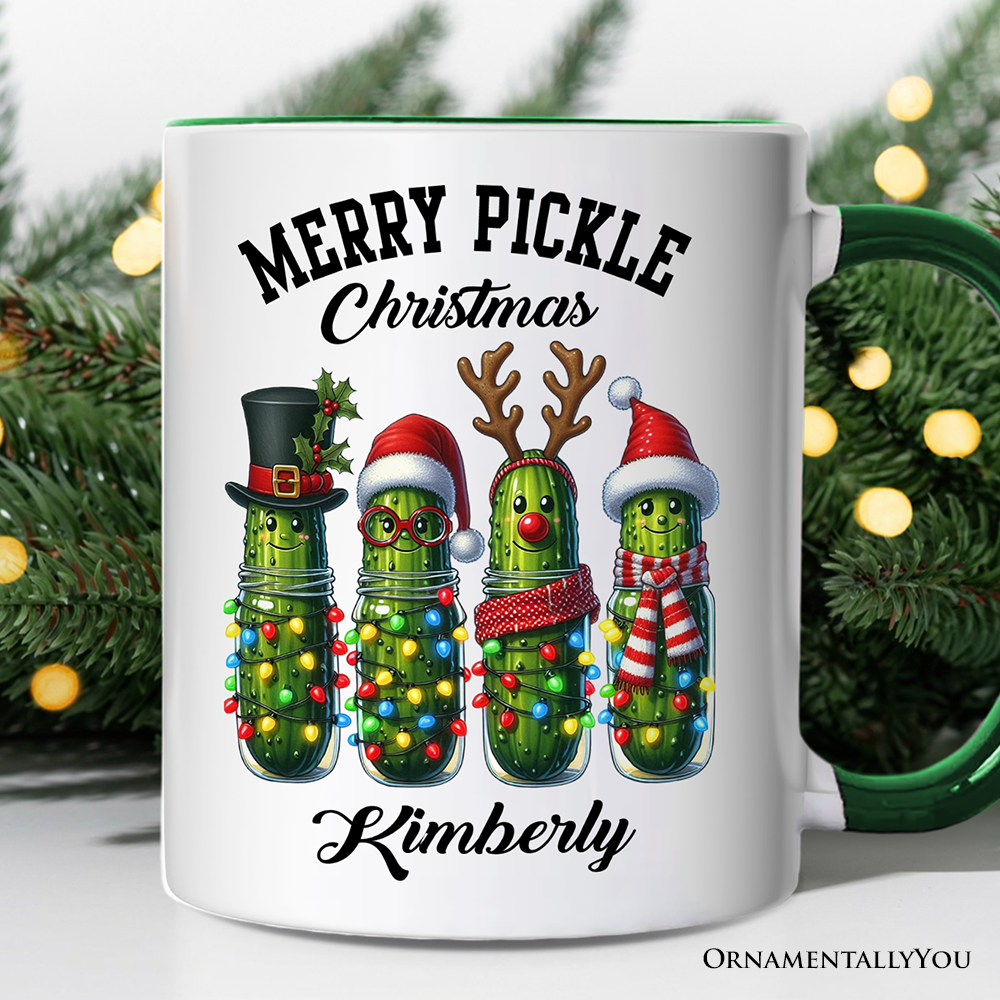 Christmas Pickles Personalized Mug, Festive Holiday Cucumber Holiday Gift with Custom Name