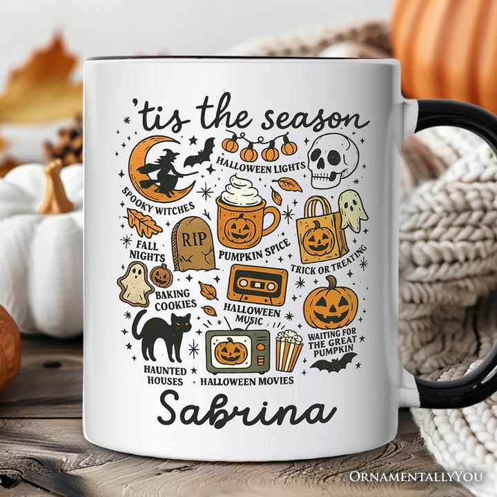 Tis the Season Retro Spooky Halloween Personalized Mug, Autumn Vibes Essentials Gift with Custom Name Personalized Ceramic Mug OrnamentallyYou White - Black Customized