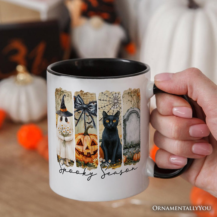 Fall Spooky Season Brushstroke Personalized Mug, Coquette Vintage Ghost, Cat and Pumpkin Gift with Custom Name Personalized Ceramic Mug OrnamentallyYou