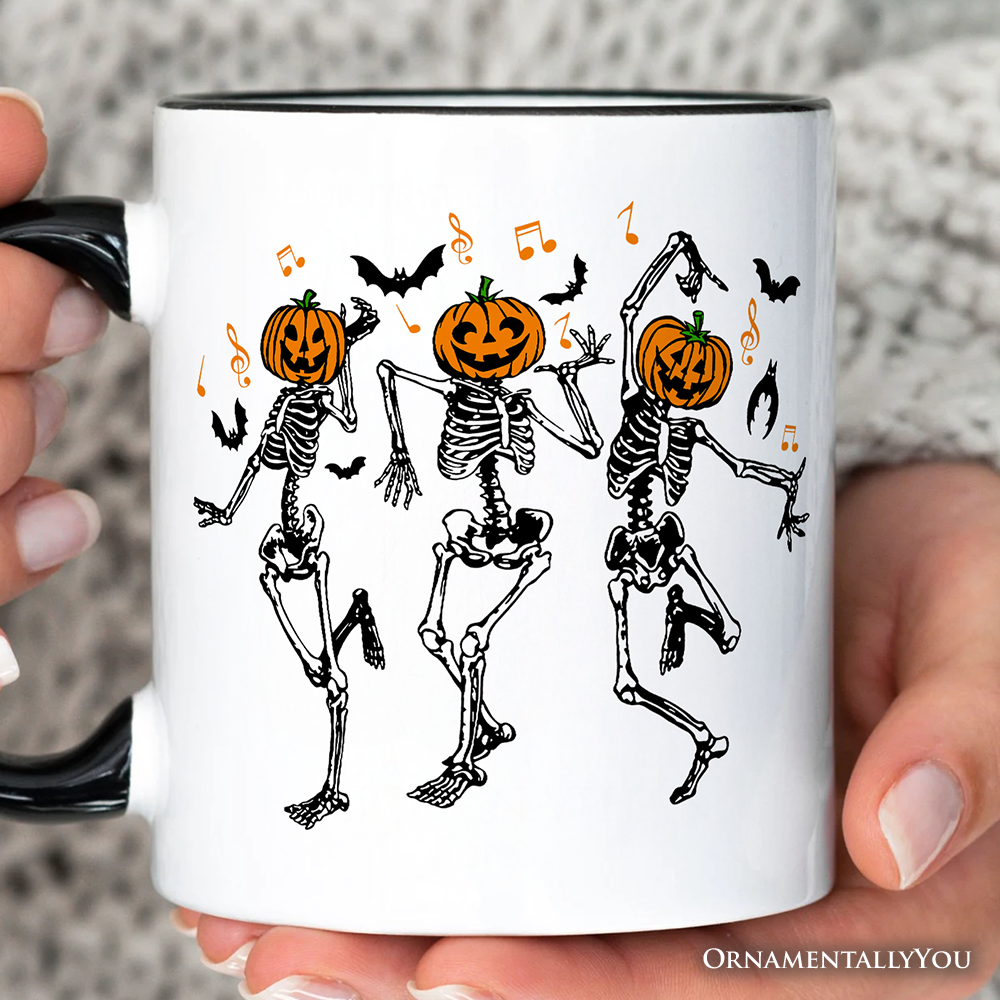 Dancing Skeletons with Pumpkin Head Personalized Mug, Dry Bones Come Alive Halloween Fun Gift with Custom Name