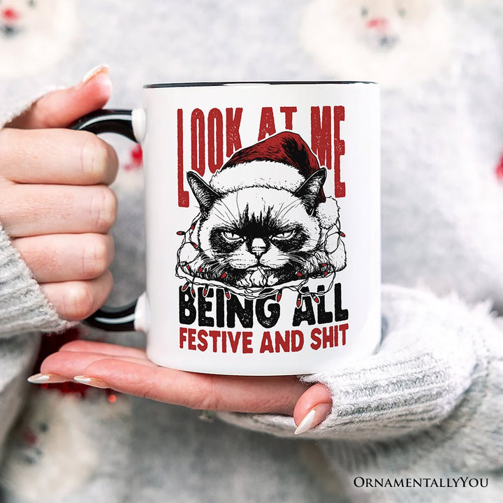Grumpy Christmas Cat Personalized Mug, Funny Santa Hat Holiday Lights Gift for Sarcastic Festive People with Custom Name Personalized Ceramic Mug OrnamentallyYou
