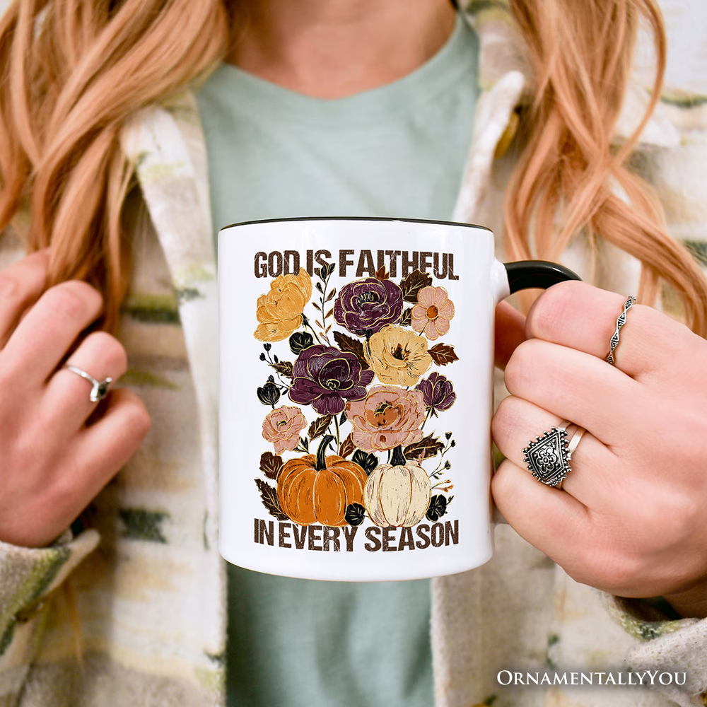 God Is Faithful in Every Season Floral Personalized Mug, Christian Fall Gift with Custom Name