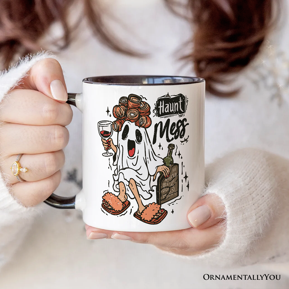 Haunt Mess Wine-Loving Ghost Personalized Mug, Funny Halloween Gift with Spooky Ghost and Custom Name