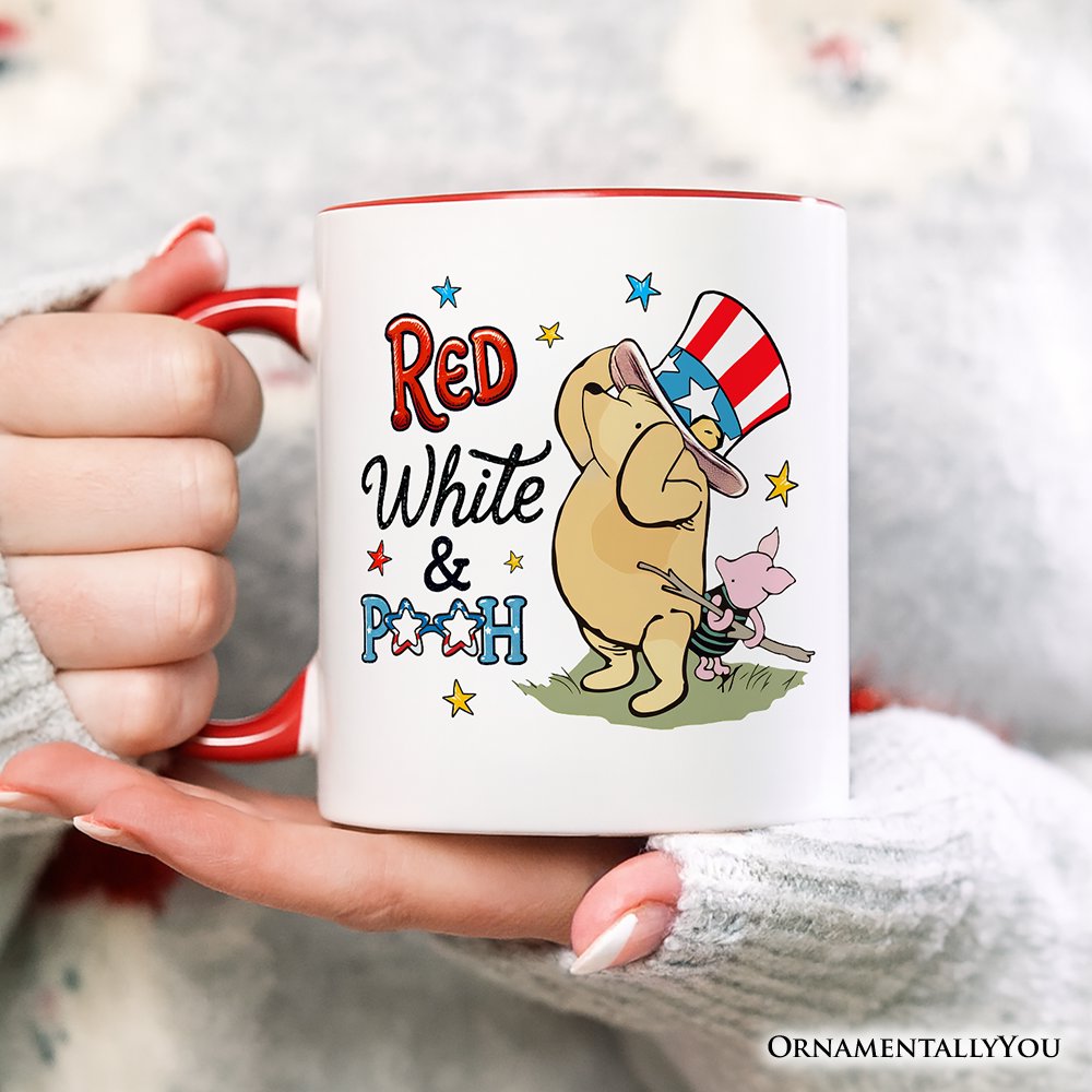 Red White & Proud Personalized Mug, Patriotic 4th of July Celebration Pooh Bear Gift with Custom Name Personalized Ceramic Mug OrnamentallyYou