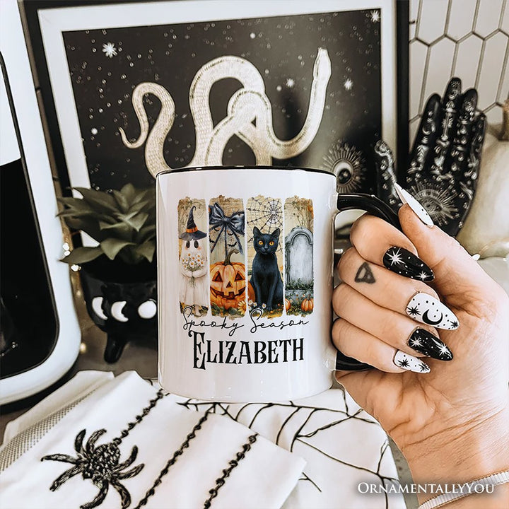 Fall Spooky Season Brushstroke Personalized Mug, Coquette Vintage Ghost, Cat and Pumpkin Gift with Custom Name Personalized Ceramic Mug OrnamentallyYou