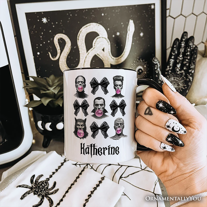 Bubblegum Classic Monster Personalized Mug, Funny Coquette Bow Gift with Retro Style and Custom Name
