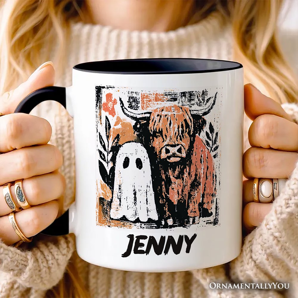 Highland Cow Ghost Fall Personalized Mug, Spooky Season Halloween Gift with Custom Name Personalized Ceramic Mug OrnamentallyYou