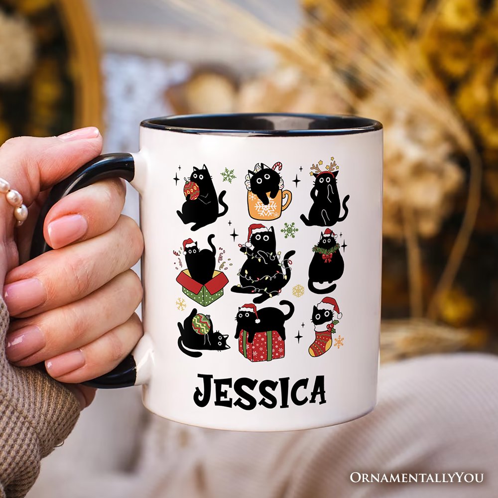 Christmas Black Cats Personalized Mug, Whimsical Cats with Santa Hat Gift with Custom Name Personalized Ceramic Mug OrnamentallyYou