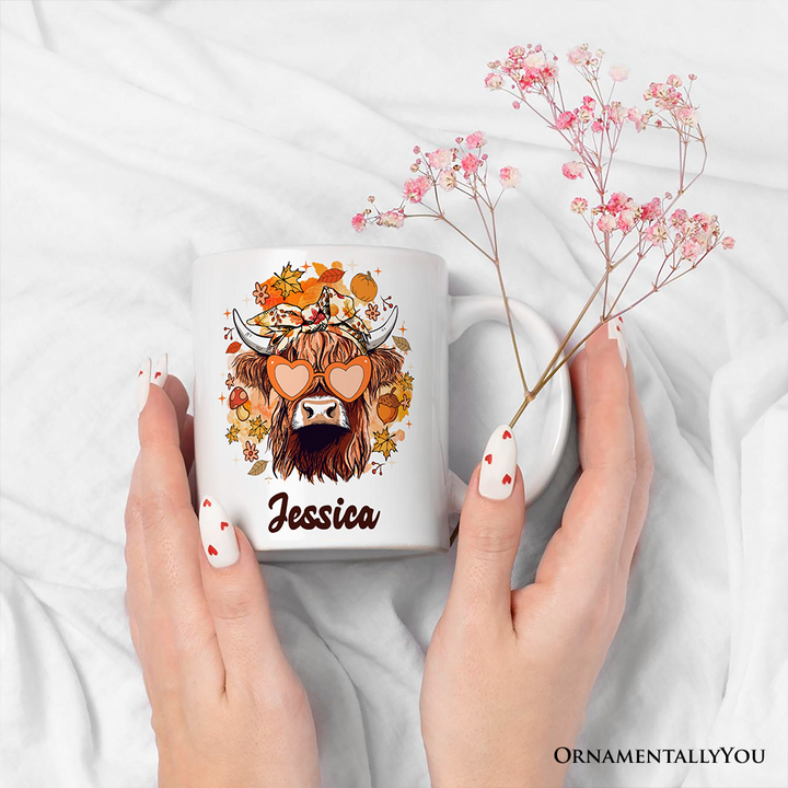 Fall Highland Cow Personalized Mug, Messy Bun Howdy Gift with Autumn Vibes and Custom Name