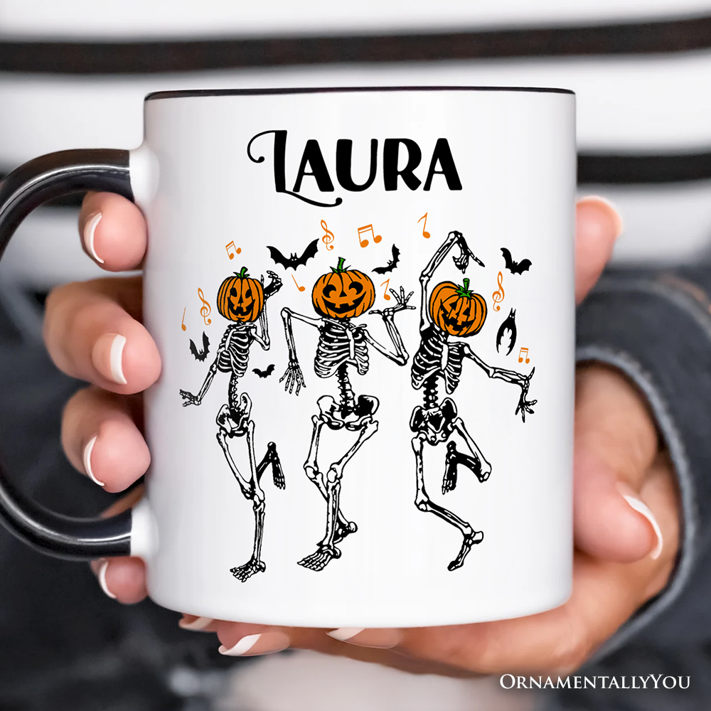 Dancing Skeletons with Pumpkin Head Personalized Mug, Dry Bones Come Alive Halloween Fun Gift with Custom Name