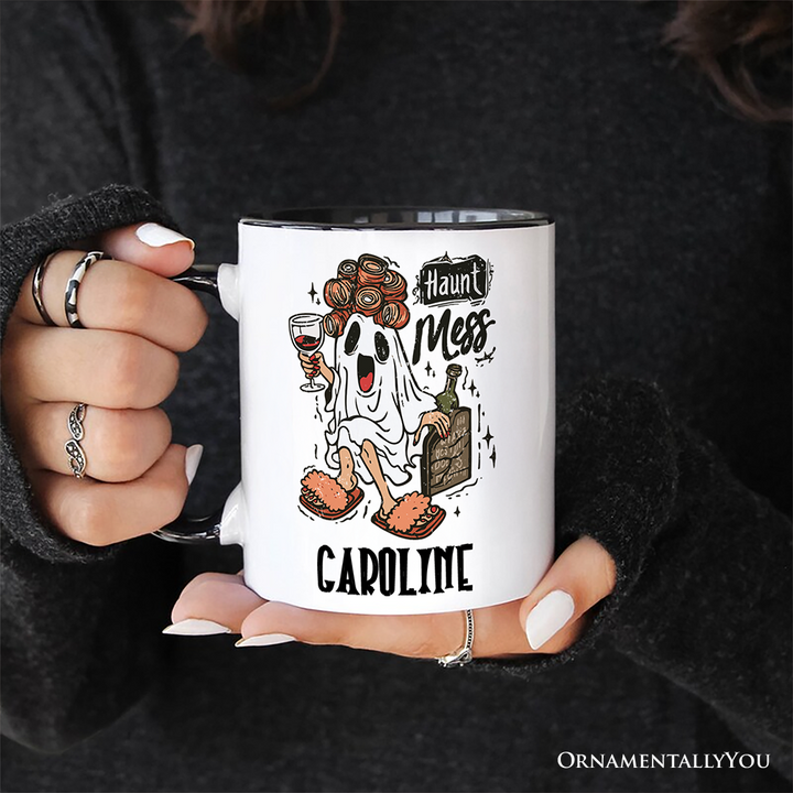 Haunt Mess Wine-Loving Ghost Personalized Mug, Funny Halloween Gift with Spooky Ghost and Custom Name