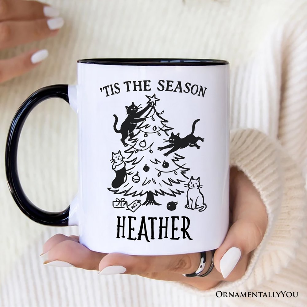 Christmas Tree Killer Cats Personalized Mug, Tis the Season Funny Holiday Gift with Custom Name Personalized Ceramic Mug OrnamentallyYou