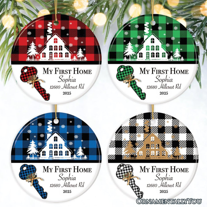 My First Home Christmas Ornament, Plaid Red, Blue, Green, and Black Ceramic Ornament OrnamentallyYou