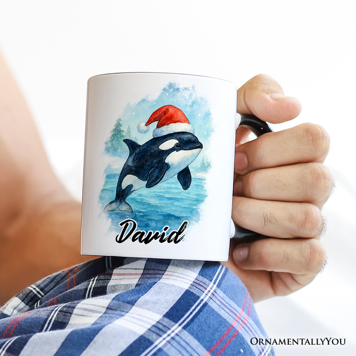 Watercolor Orca in Santa Hat Christmas Personalized Mug, Marine Animal Holiday Gift with Custom Name
