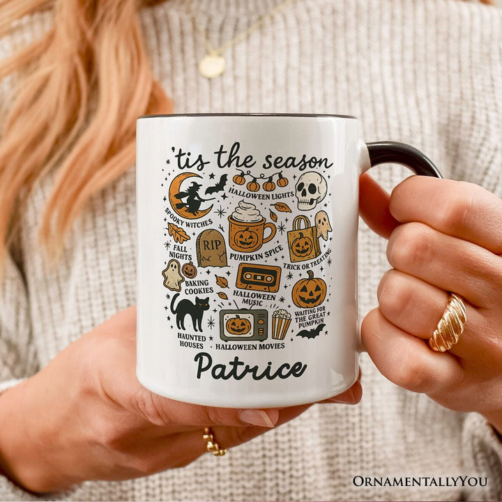 Tis the Season Retro Spooky Halloween Personalized Mug, Autumn Vibes Essentials Gift with Custom Name Personalized Ceramic Mug OrnamentallyYou