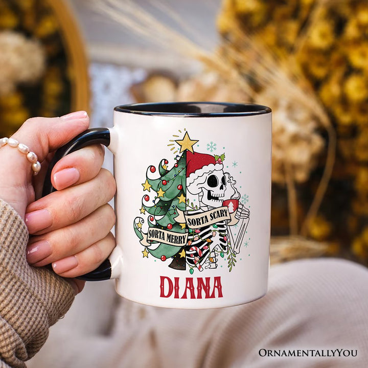 Sorta Merry Christmas Skeleton Personalized Mug, Sarcastic Holiday Gift with Custom Name Personalized Ceramic Mug OrnamentallyYou