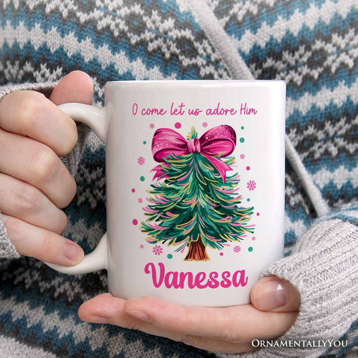 Glitter Christmas Tree Coquette Bow Personalized Mug, O Come Let Us Adore Him Holiday Gift with Custom Name Personalized Ceramic Mug OrnamentallyYou