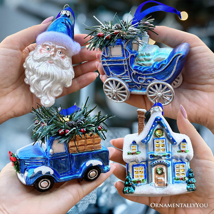 A Marvelous Blue Christmas Set of Four Glass Ornaments with Santa, Truck, Snow Cabin and Sleigh Ornament Bundle OrnamentallyYou