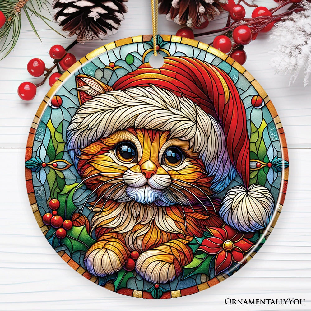 Adorable Cat in Santa Hat Stained Glass Style Ceramic Ornament, Christmas Gift and Decor Ceramic Ornament OrnamentallyYou Circle 