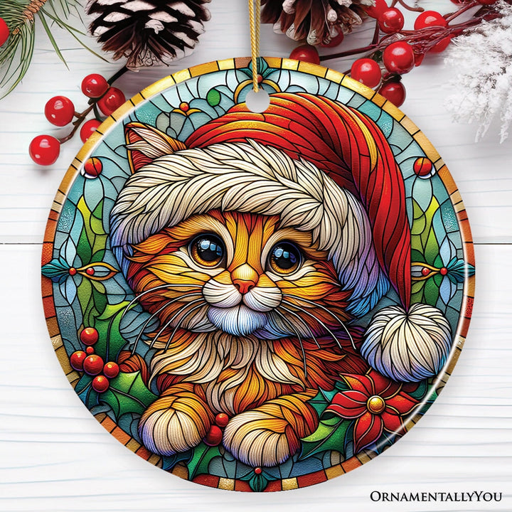 Adorable Cat in Santa Hat Stained Glass Style Ceramic Ornament, Christmas Gift and Decor Ceramic Ornament OrnamentallyYou Circle
